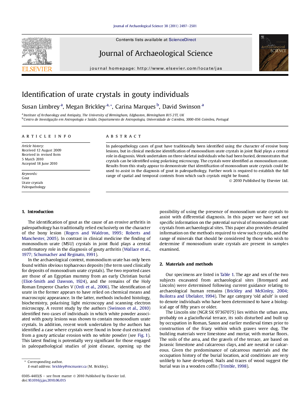 Identification of urate crystals in gouty individuals