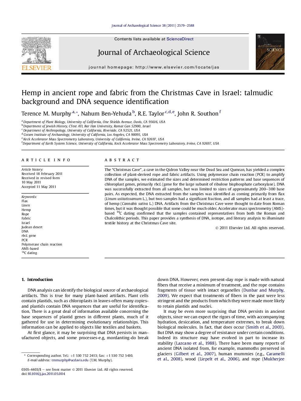 Hemp in ancient rope and fabric from the Christmas Cave in Israel: talmudic background and DNA sequence identification