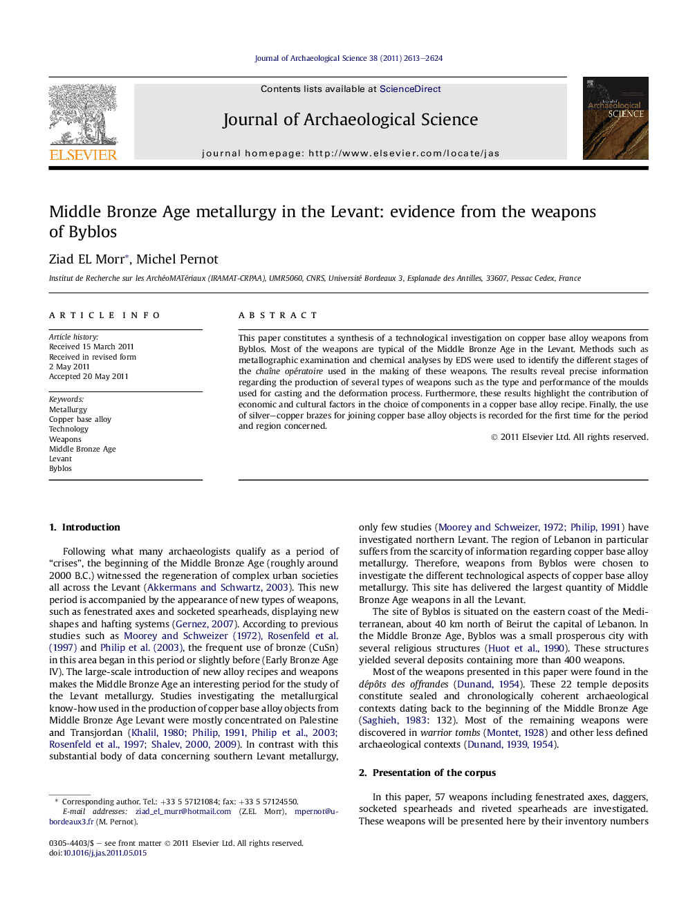 Middle Bronze Age metallurgy in the Levant: evidence from the weapons of Byblos