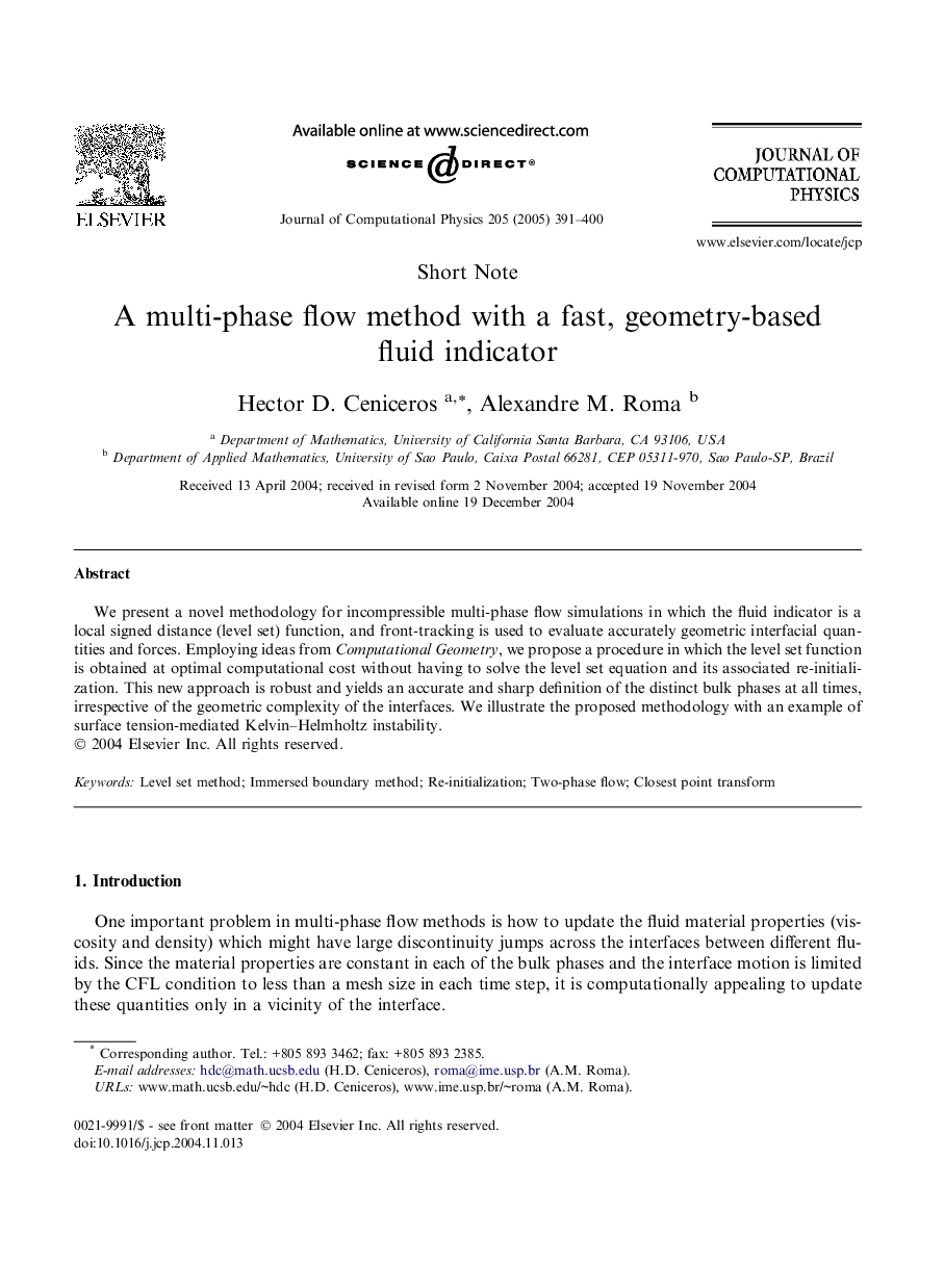 A multi-phase flow method with a fast, geometry-based fluid indicator