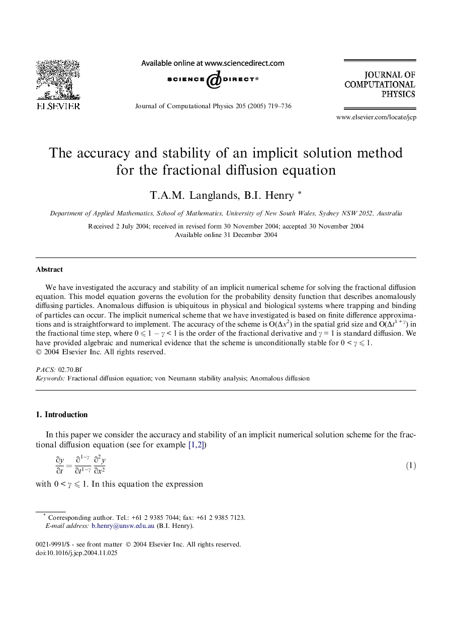 The accuracy and stability of an implicit solution method for the fractional diffusion equation