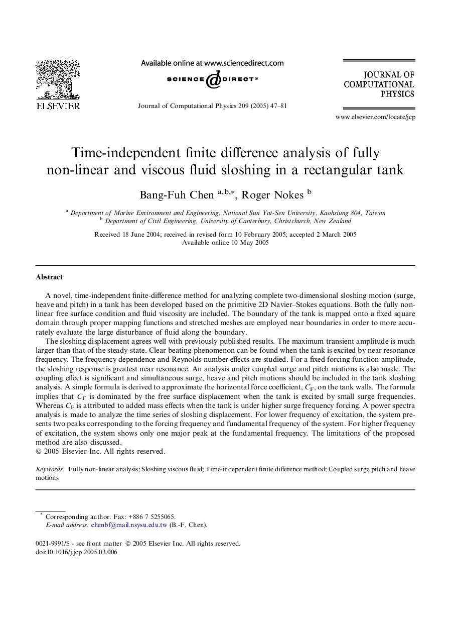 Time-independent finite difference analysis of fully non-linear and viscous fluid sloshing in a rectangular tank