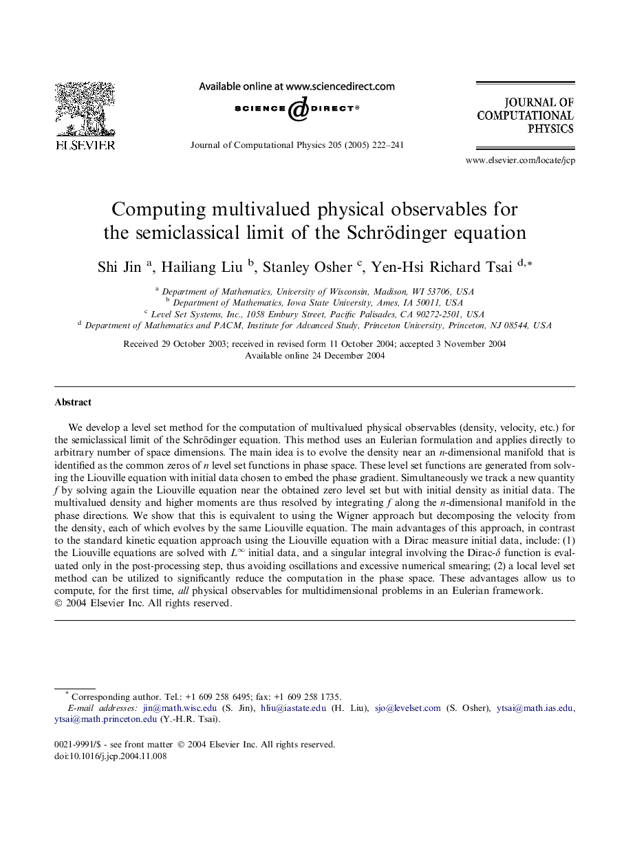 Computing multivalued physical observables for the semiclassical limit of the Schrödinger equation