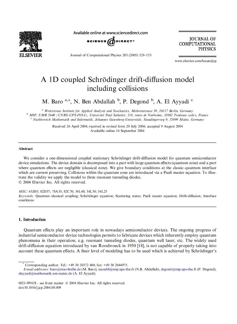 A 1D coupled Schrödinger drift-diffusion model including collisions