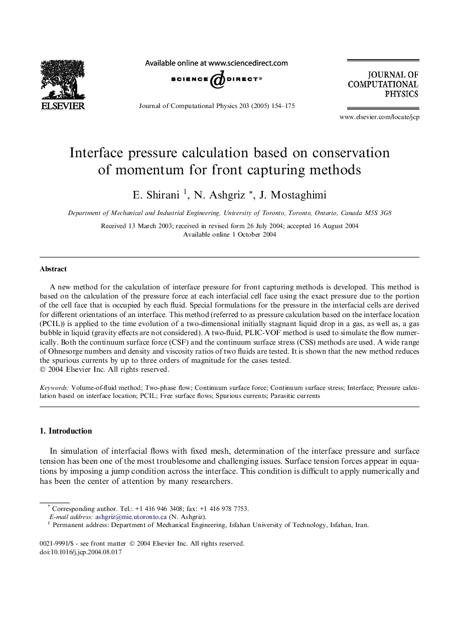 Interface pressure calculation based on conservation of momentum for front capturing methods