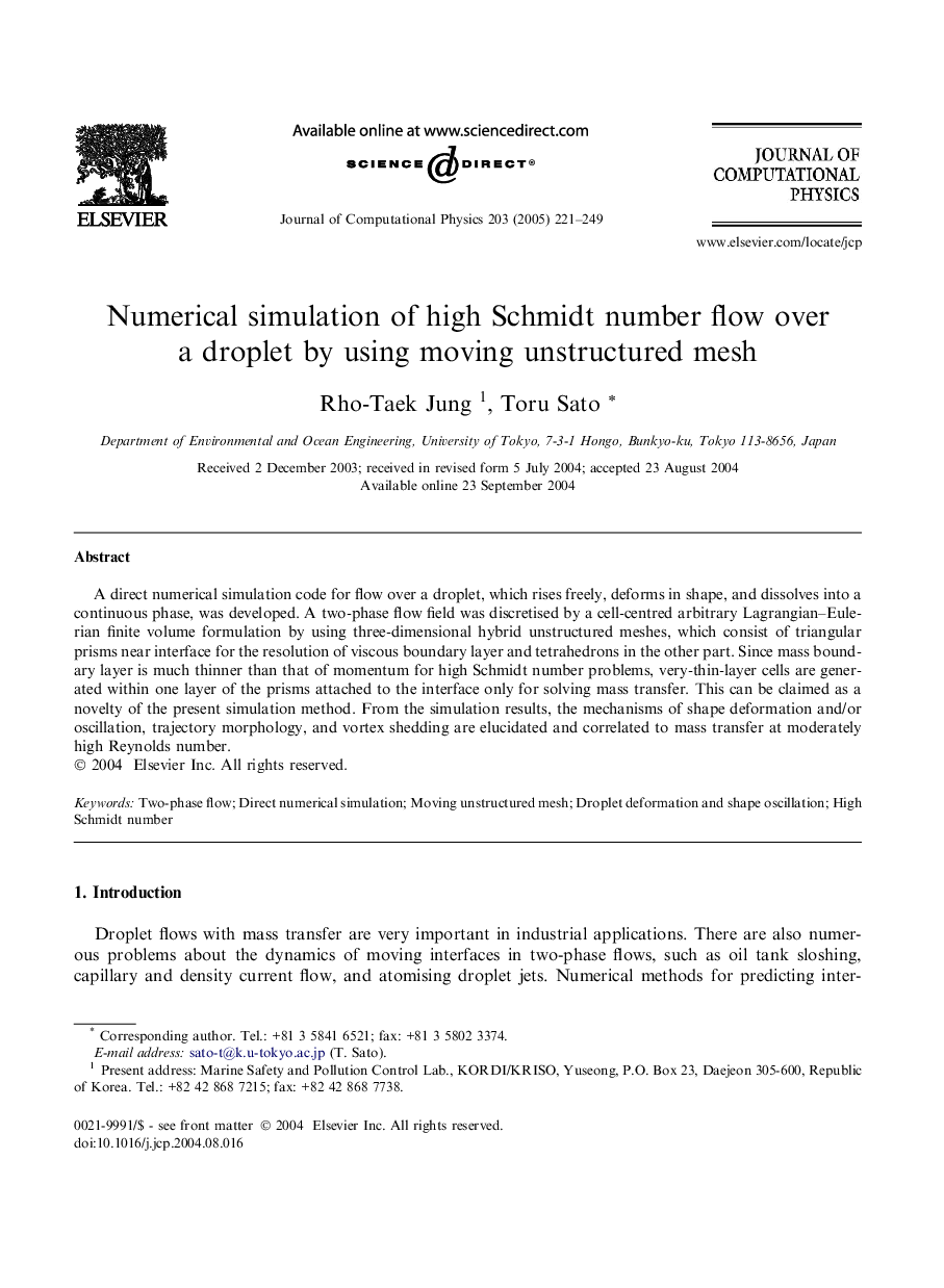 Numerical simulation of high Schmidt number flow over a droplet by using moving unstructured mesh