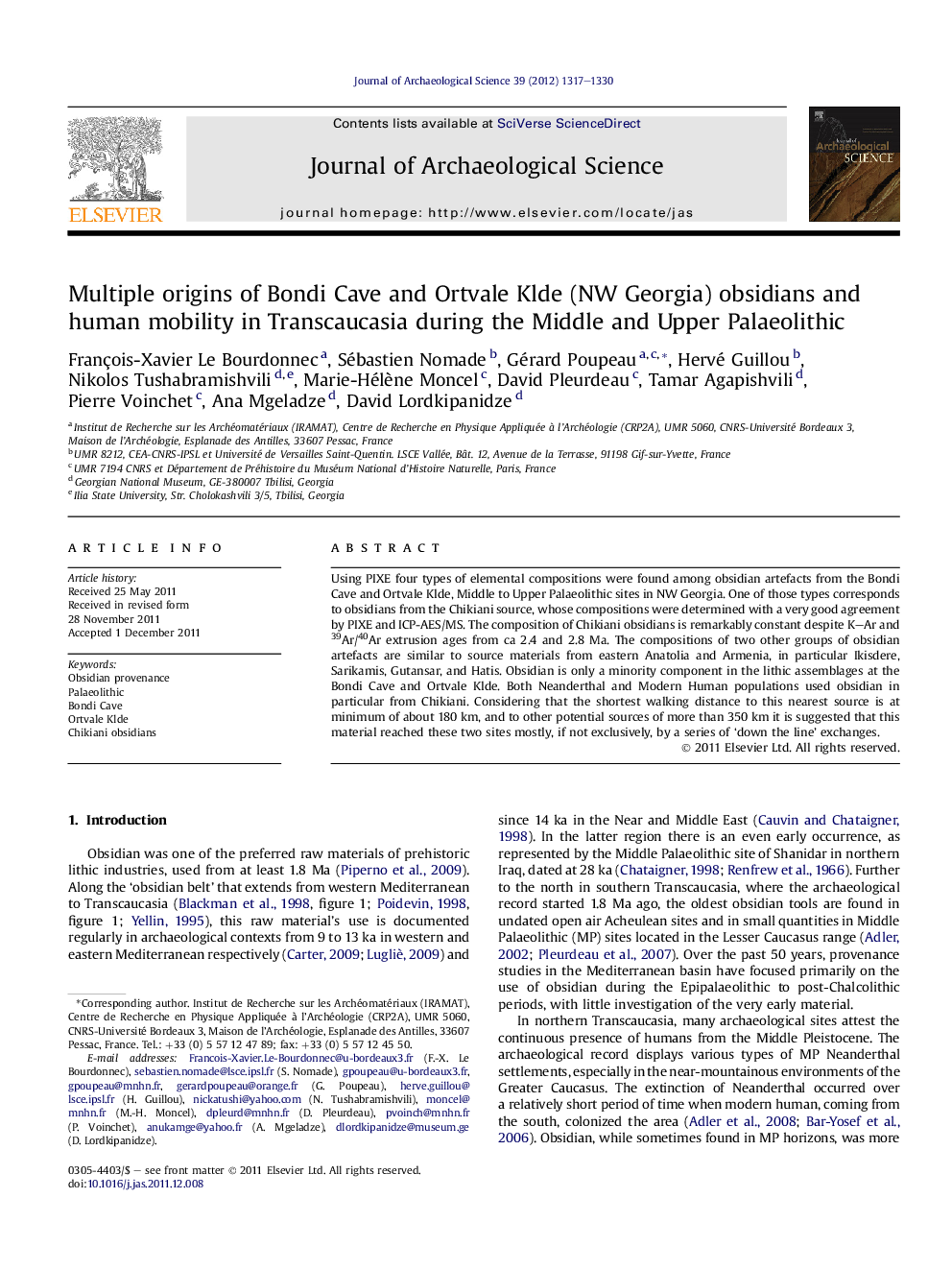 Multiple origins of Bondi Cave and Ortvale Klde (NW Georgia) obsidians and human mobility in Transcaucasia during the Middle and Upper Palaeolithic