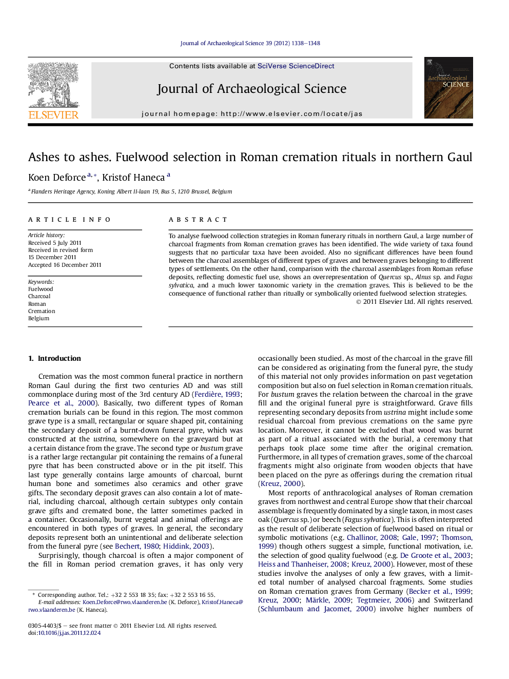 Ashes to ashes. Fuelwood selection in Roman cremation rituals in northern Gaul