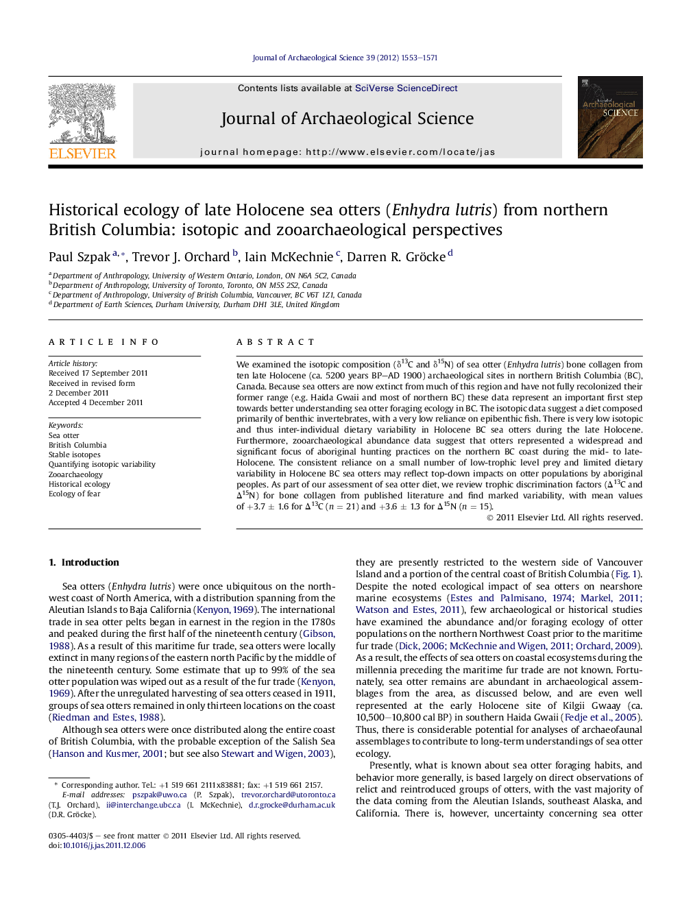 Historical ecology of late Holocene sea otters (Enhydra lutris) from northern British Columbia: isotopic and zooarchaeological perspectives