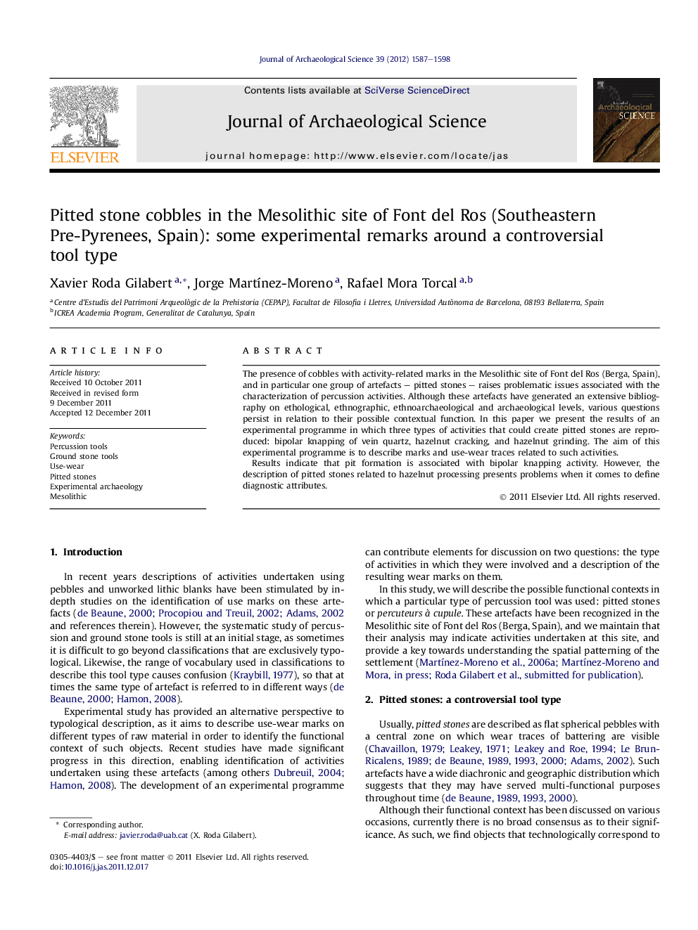 Pitted stone cobbles in the Mesolithic site of Font del Ros (Southeastern Pre-Pyrenees, Spain): some experimental remarks around a controversial tool type