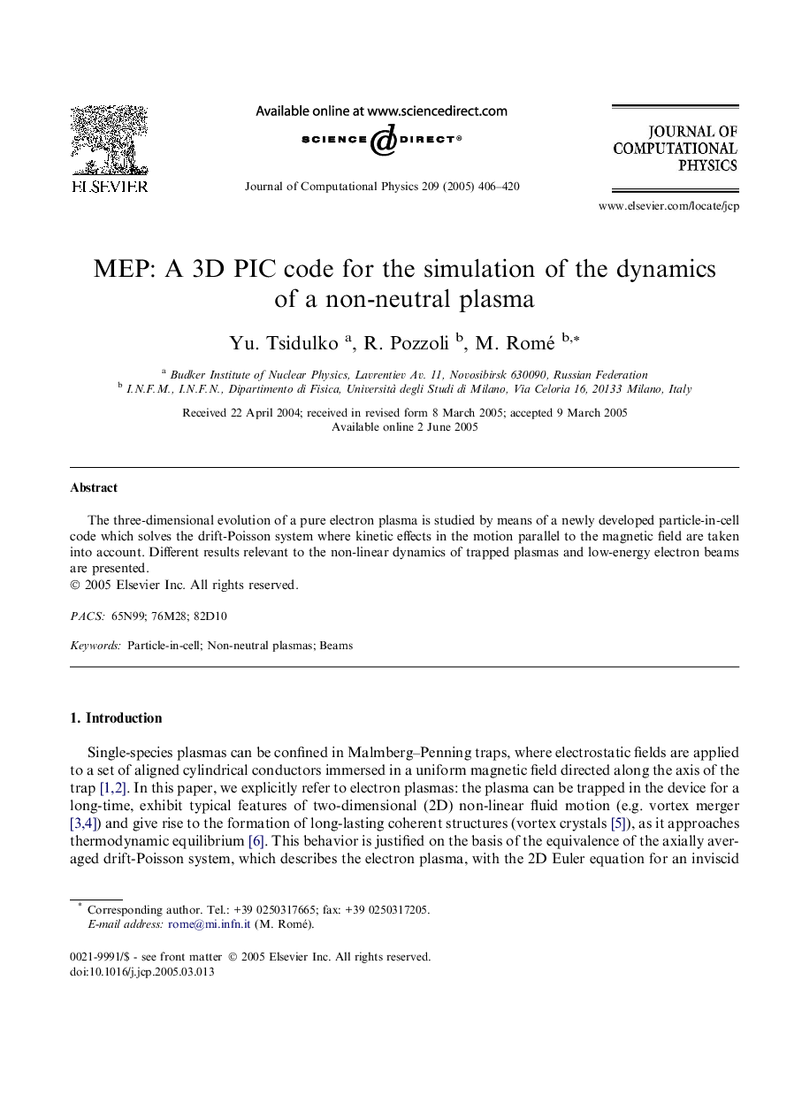 MEP: A 3D PIC code for the simulation of the dynamics of a non-neutral plasma