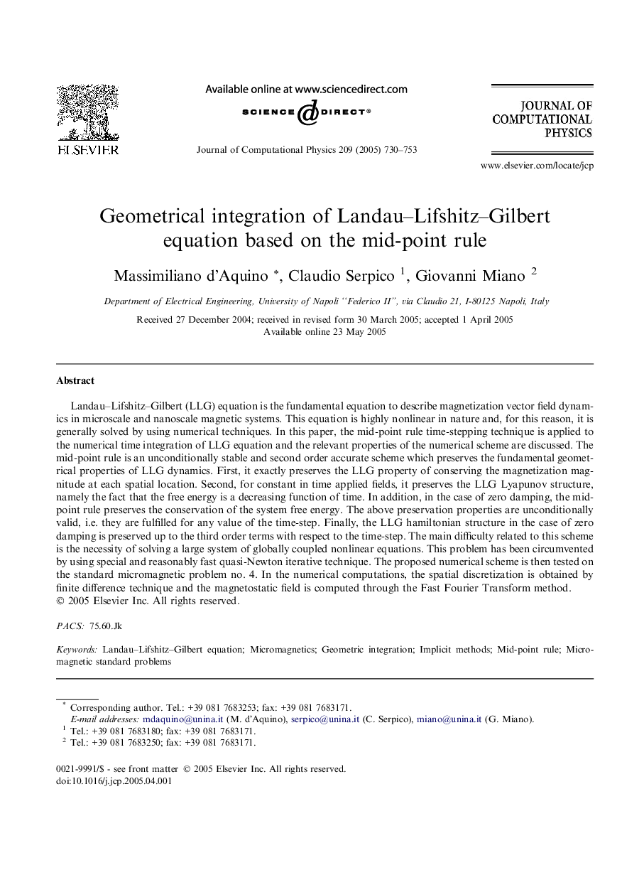 Geometrical integration of Landau-Lifshitz-Gilbert equation based on the mid-point rule