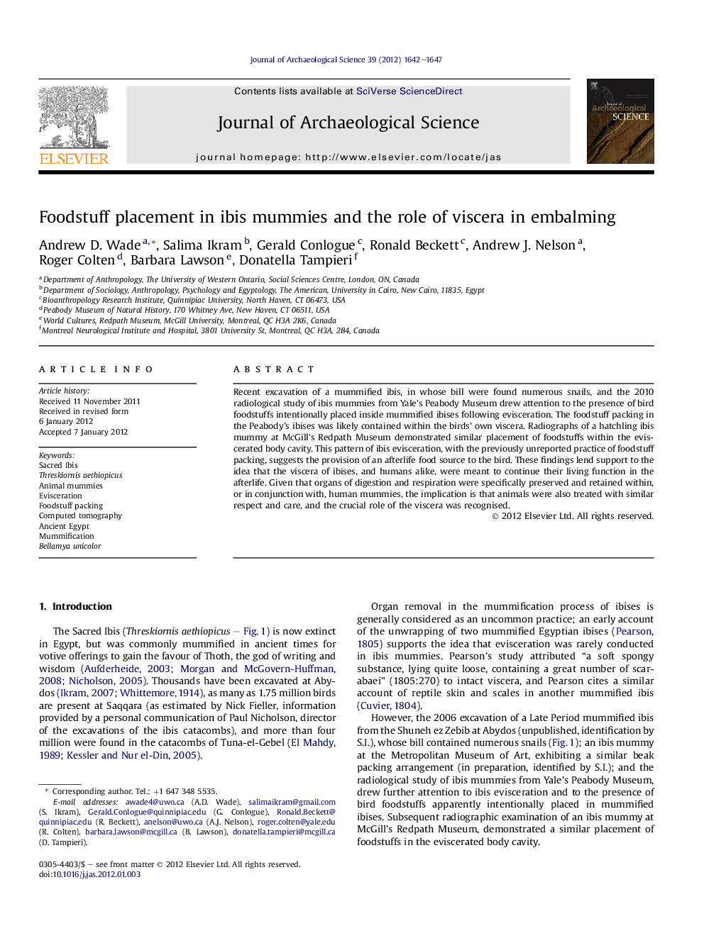 Foodstuff placement in ibis mummies and the role of viscera in embalming