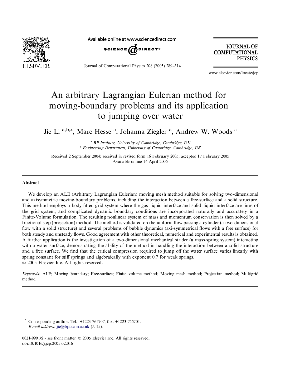 An arbitrary Lagrangian Eulerian method for moving-boundary problems and its application to jumping over water