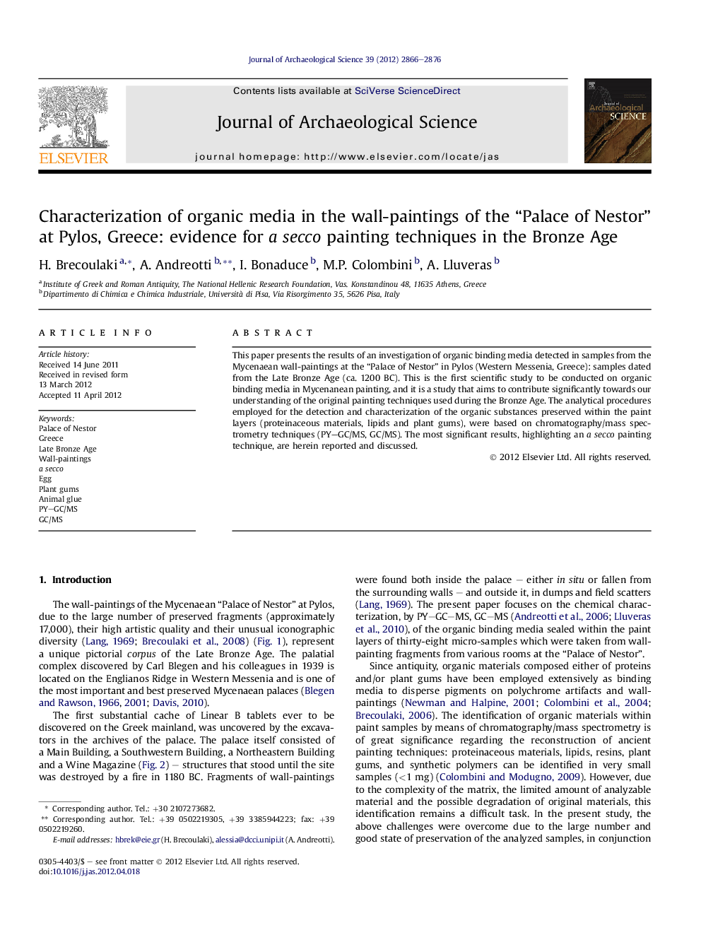 Characterization of organic media in the wall-paintings of the “Palace of Nestor” at Pylos, Greece: evidence for a secco painting techniques in the Bronze Age