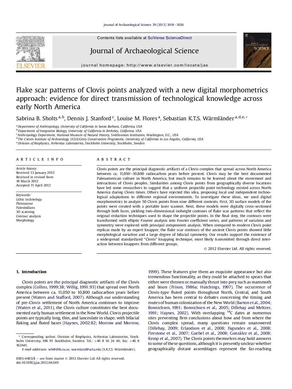 Flake scar patterns of Clovis points analyzed with a new digital morphometrics approach: evidence for direct transmission of technological knowledge across early North America