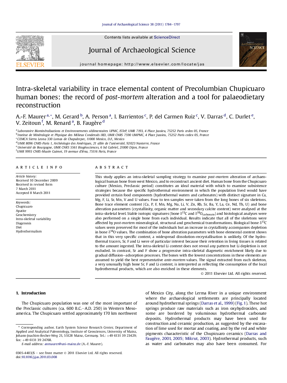 Intra-skeletal variability in trace elemental content of Precolumbian Chupicuaro human bones: the record of post-mortem alteration and a tool for palaeodietary reconstruction