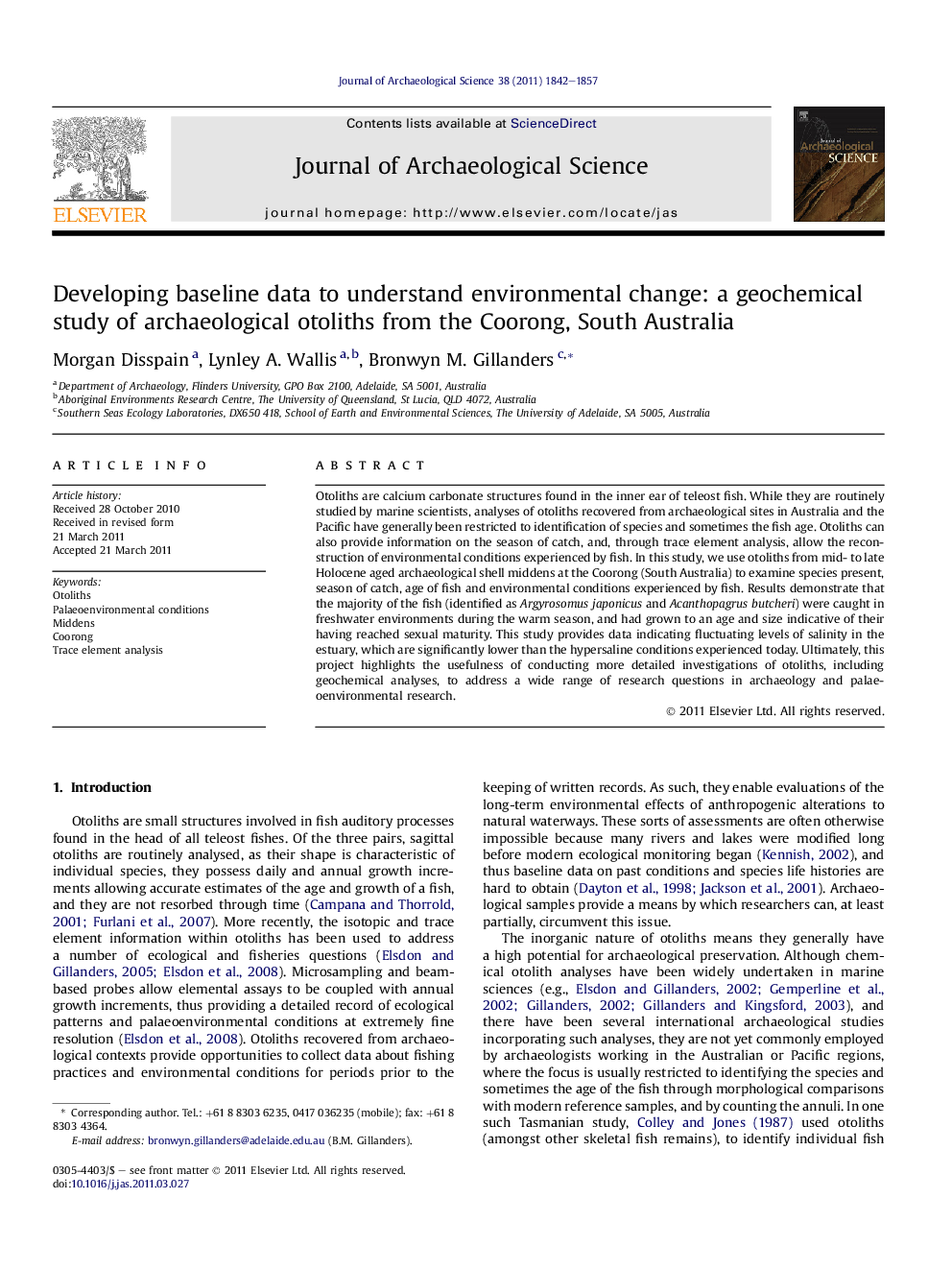 Developing baseline data to understand environmental change: a geochemical study of archaeological otoliths from the Coorong, South Australia