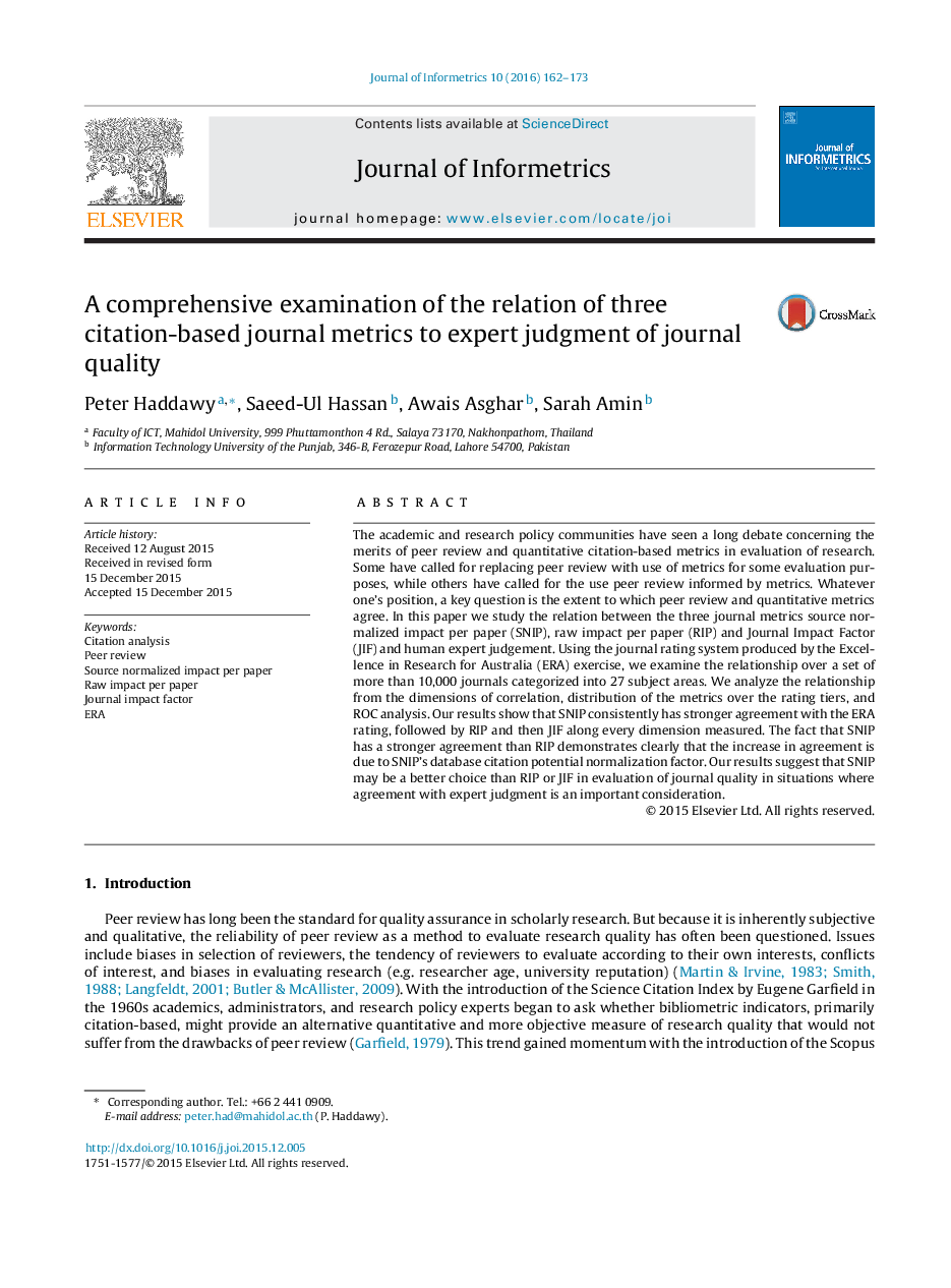 A comprehensive examination of the relation of three citation-based journal metrics to expert judgment of journal quality