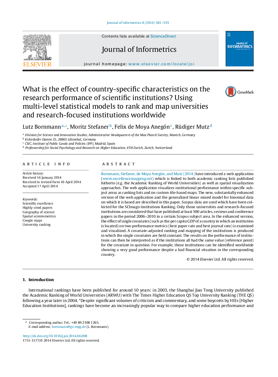 What is the effect of country-specific characteristics on the research performance of scientific institutions? Using multi-level statistical models to rank and map universities and research-focused institutions worldwide