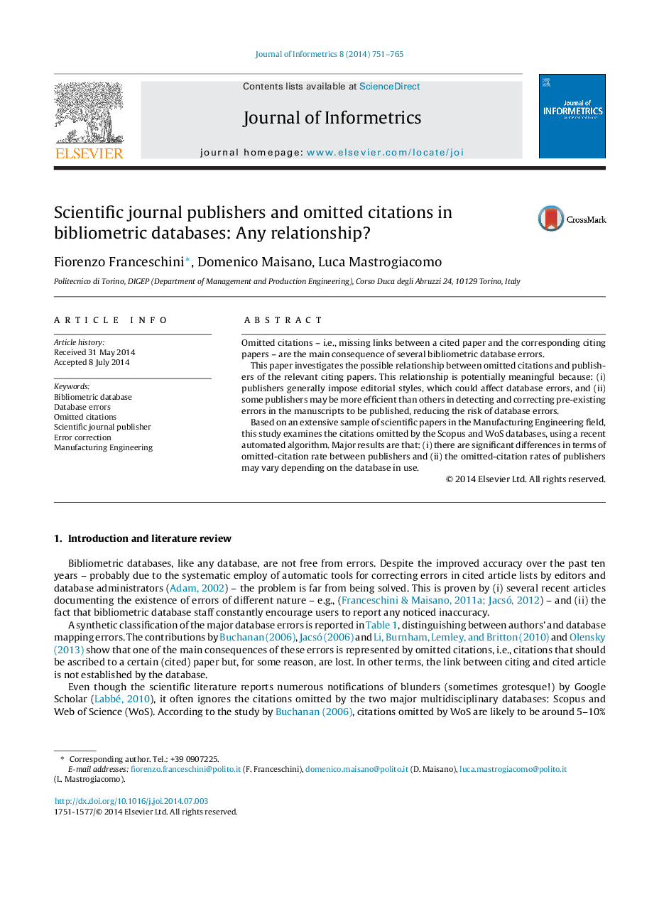 Scientific journal publishers and omitted citations in bibliometric databases: Any relationship?