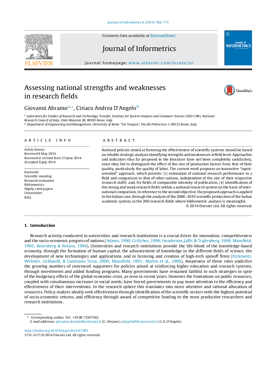 Assessing national strengths and weaknesses in research fields