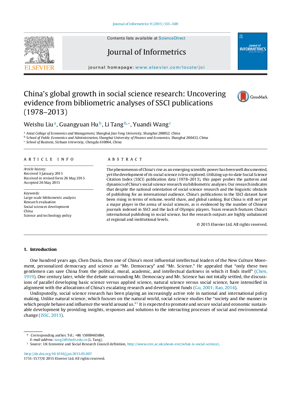 China's global growth in social science research: Uncovering evidence from bibliometric analyses of SSCI publications (1978-2013)