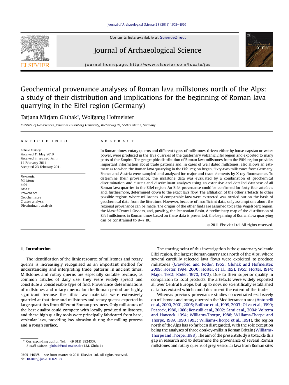 Geochemical provenance analyses of Roman lava millstones north of the Alps: a study of their distribution and implications for the beginning of Roman lava quarrying in the Eifel region (Germany)