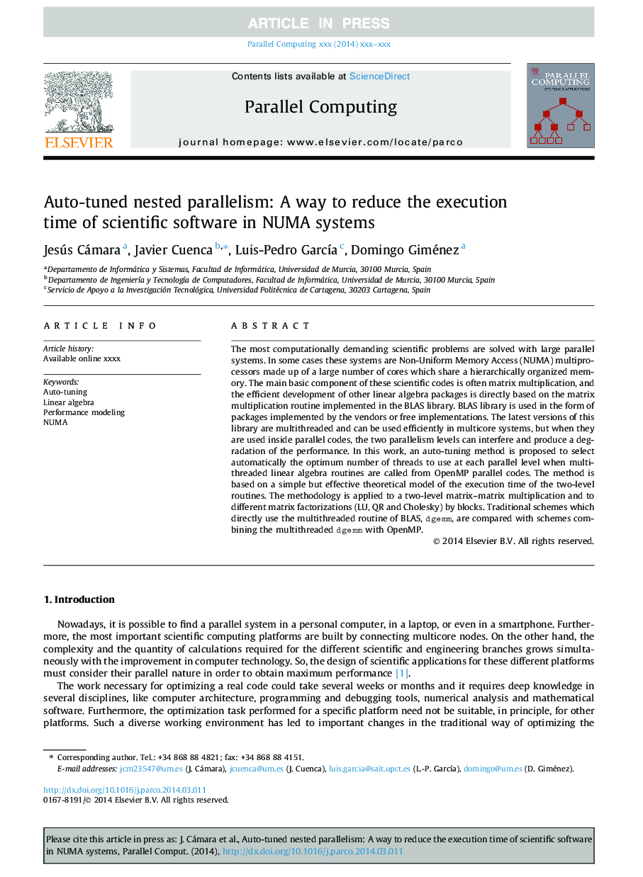 Auto-tuned nested parallelism: A way to reduce the execution time of scientific software in NUMA systems