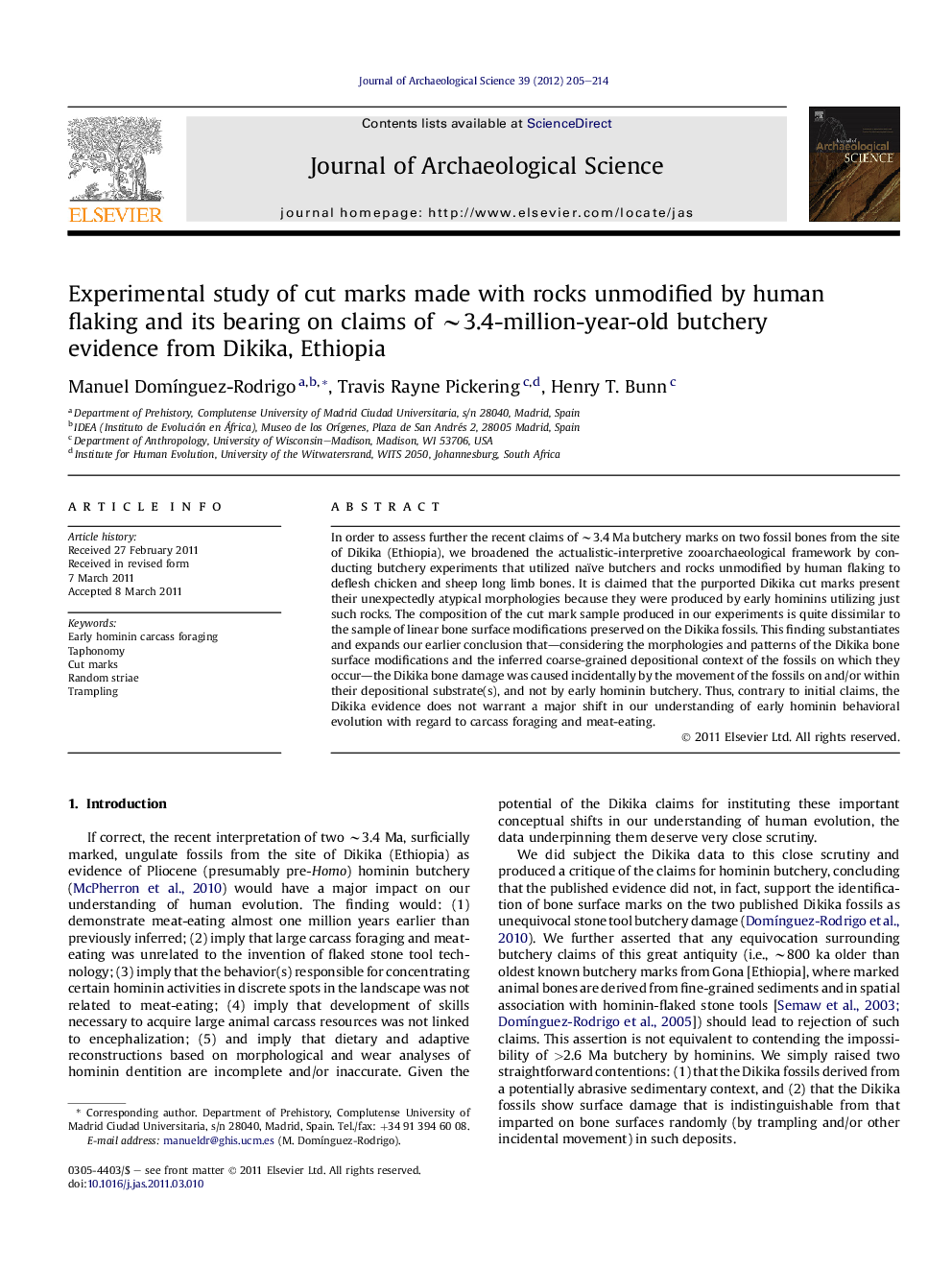 Experimental study of cut marks made with rocks unmodified by human flaking and its bearing on claims of ∼3.4-million-year-old butchery evidence from Dikika, Ethiopia