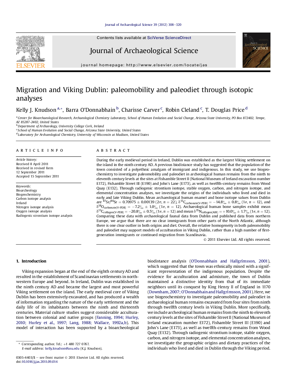 Migration and Viking Dublin: paleomobility and paleodiet through isotopic analyses