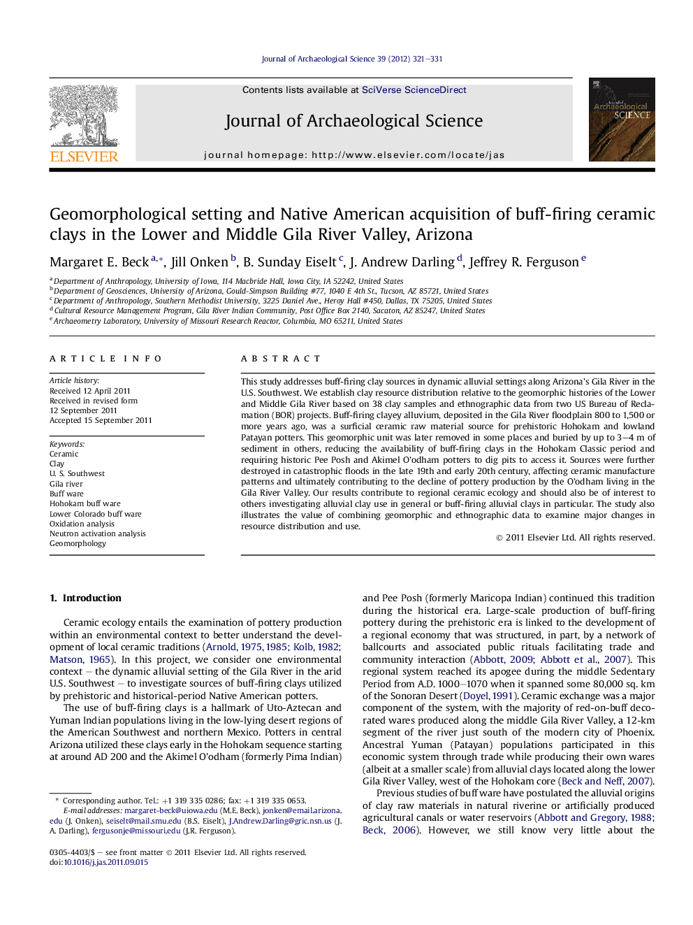 Geomorphological setting and Native American acquisition of buff-firing ceramic clays in the Lower and Middle Gila River Valley, Arizona