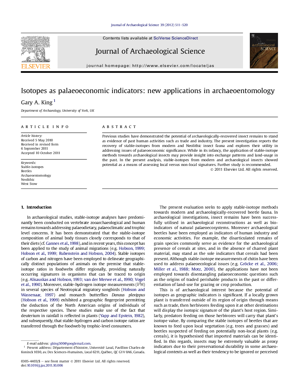 عکس صفحه اول مقاله: Isotopes as palaeoeconomic indicators: new applications in archaeoentomology Isotopes as palaeoeconomic indicators: new applications in archaeoentomology