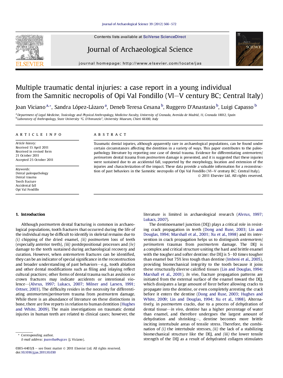 Multiple traumatic dental injuries: a case report in a young individual from the Samnitic necropolis of Opi Val Fondillo (VI–V century BC; Central Italy)