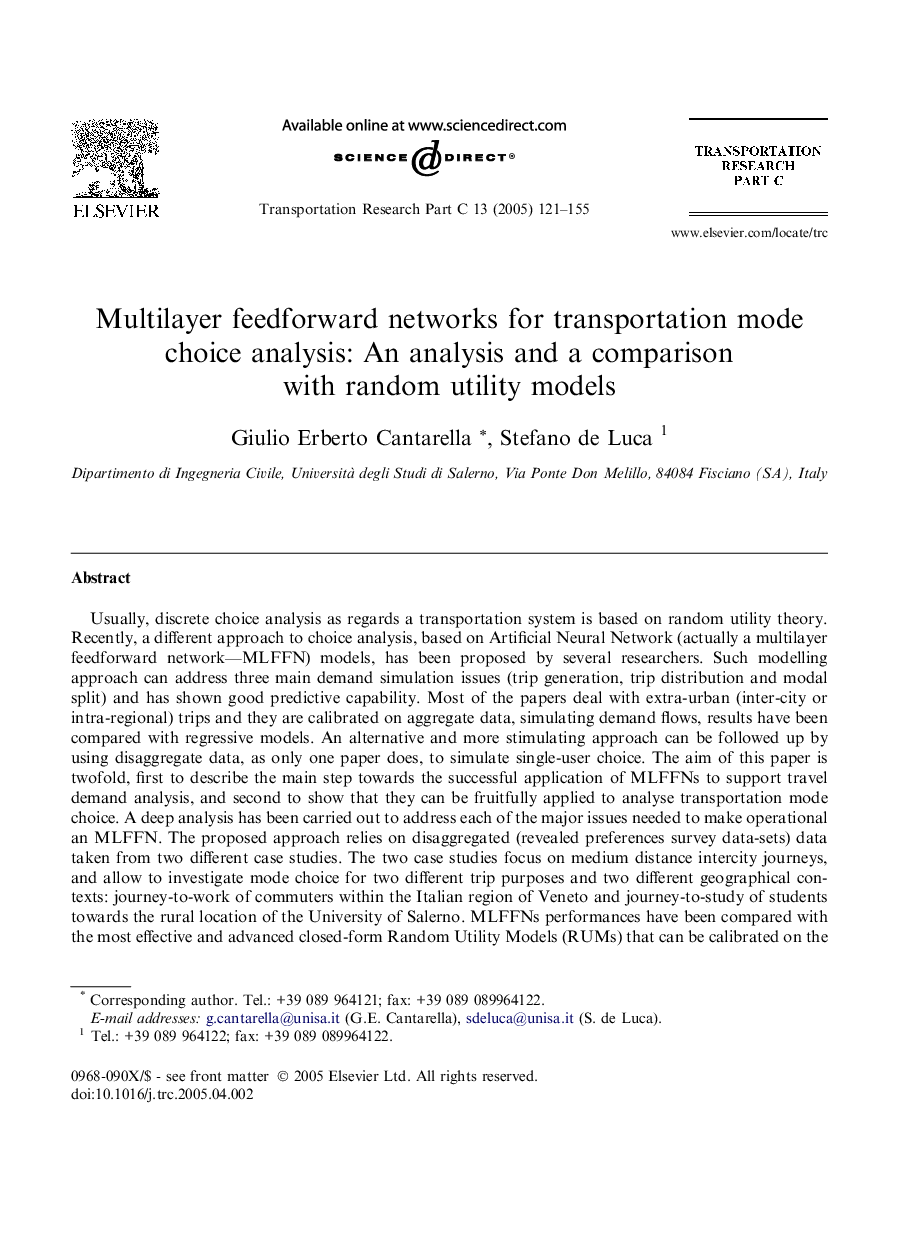 Multilayer feedforward networks for transportation mode choice analysis: An analysis and a comparison with random utility models