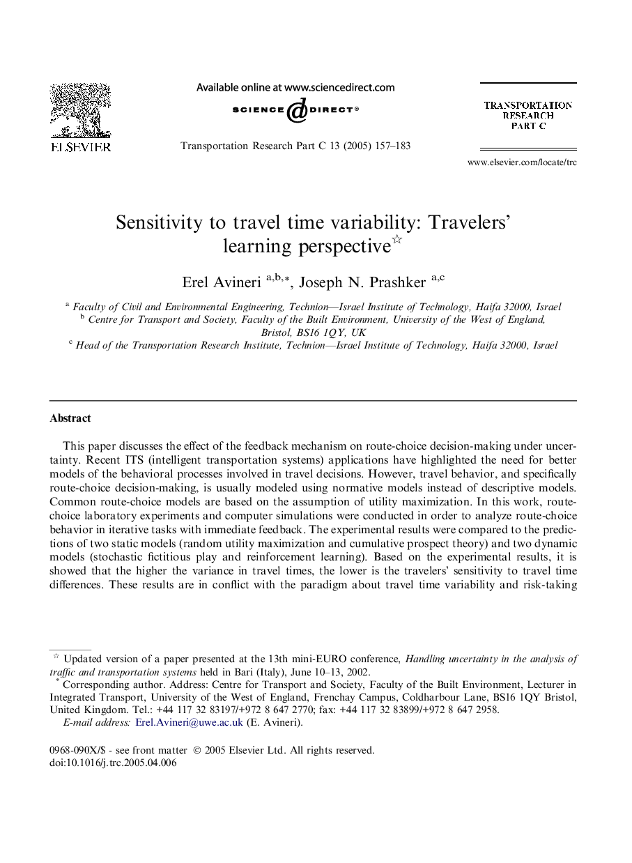 Sensitivity to travel time variability: Travelers' learning perspective