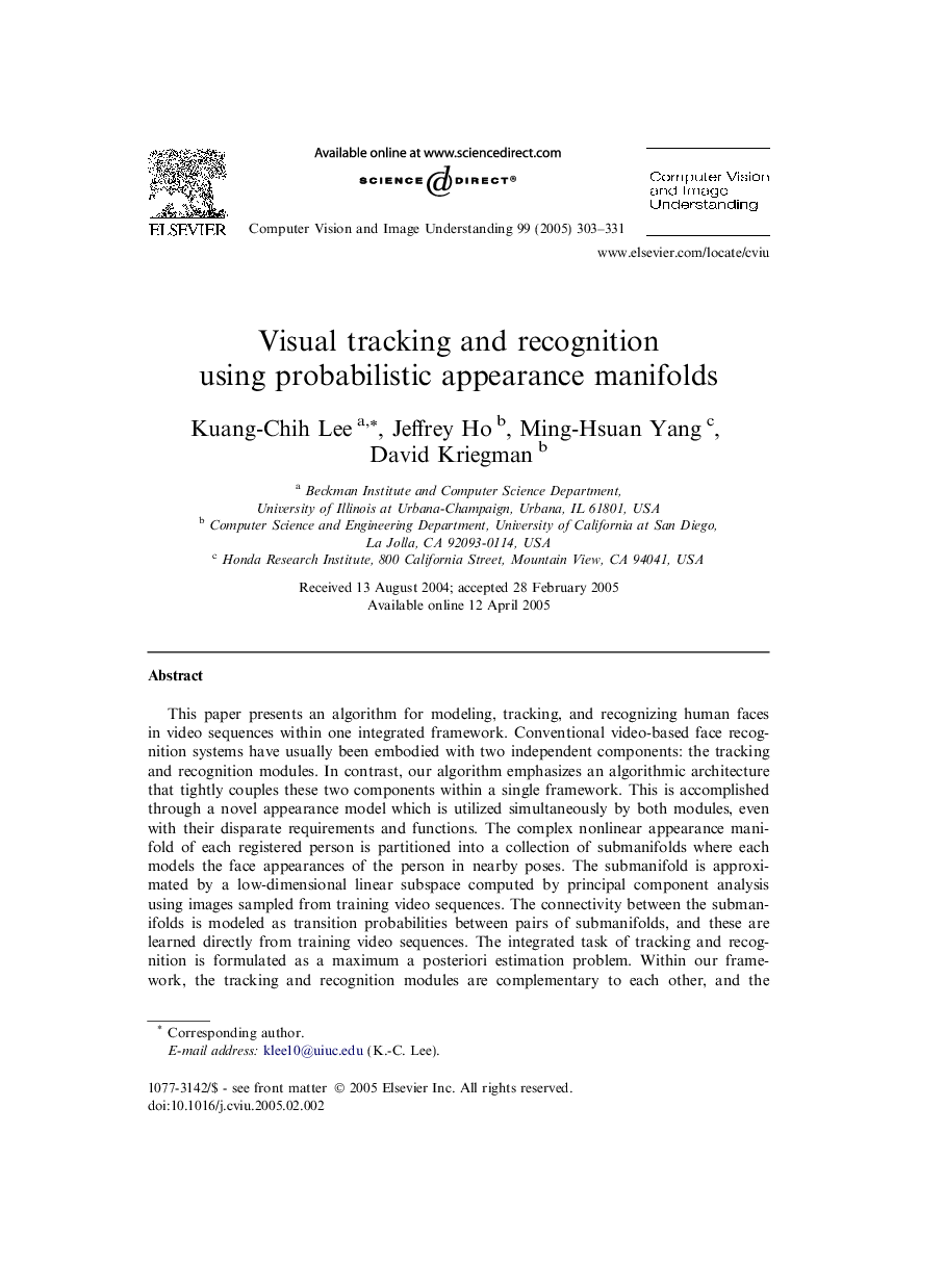 Visual tracking and recognition using probabilistic appearance manifolds