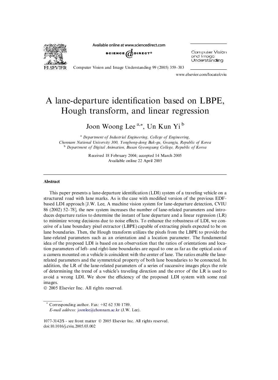 A lane-departure identification based on LBPE, Hough transform, and linear regression