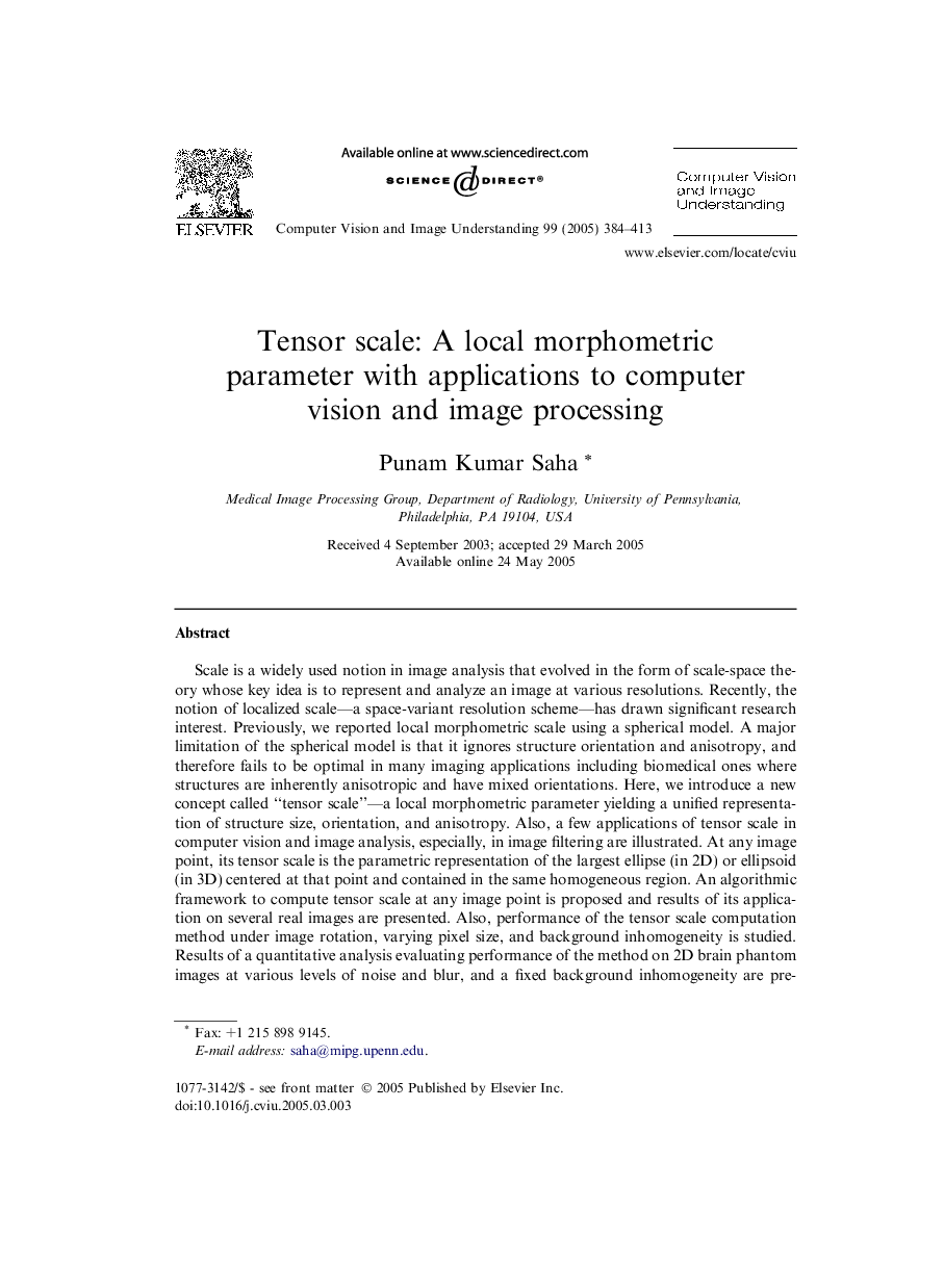 Tensor scale: A local morphometric parameter with applications to computer vision and image processing