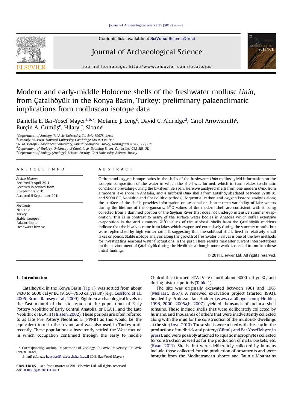 Modern and early-middle Holocene shells of the freshwater mollusc Unio, from Çatalhöyük in the Konya Basin, Turkey: preliminary palaeoclimatic implications from molluscan isotope data