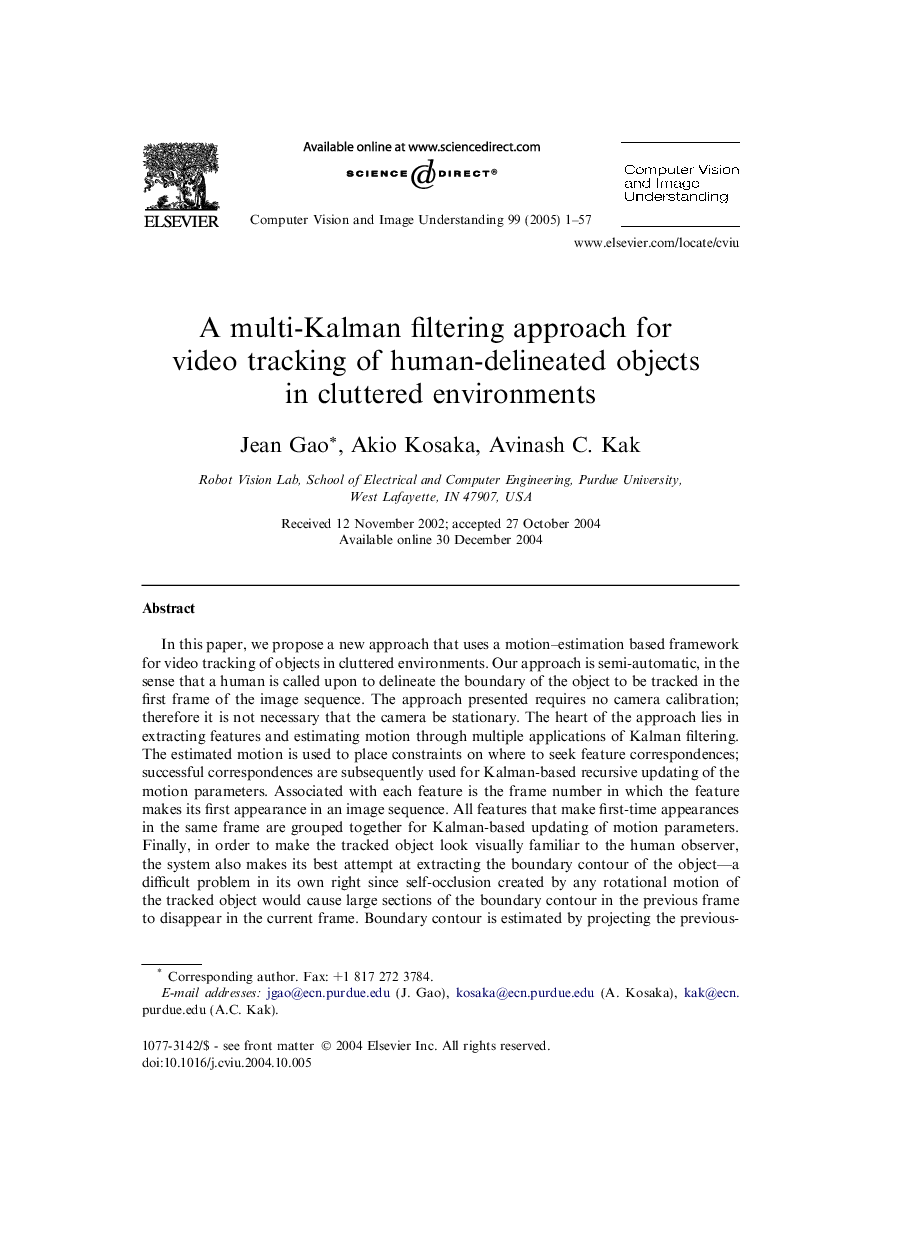 A multi-Kalman filtering approach for video tracking of human-delineated objects in cluttered environments