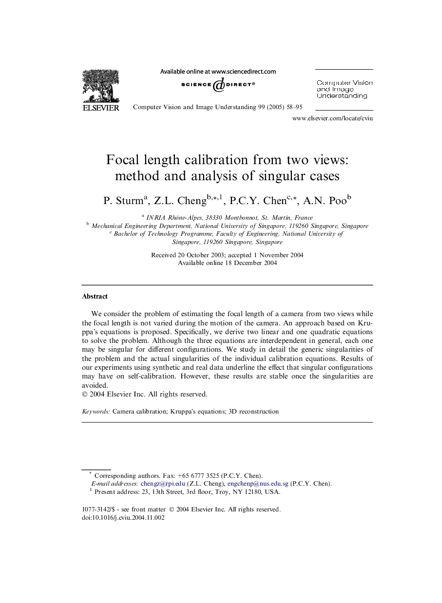 Focal length calibration from two views: method and analysis of singular cases