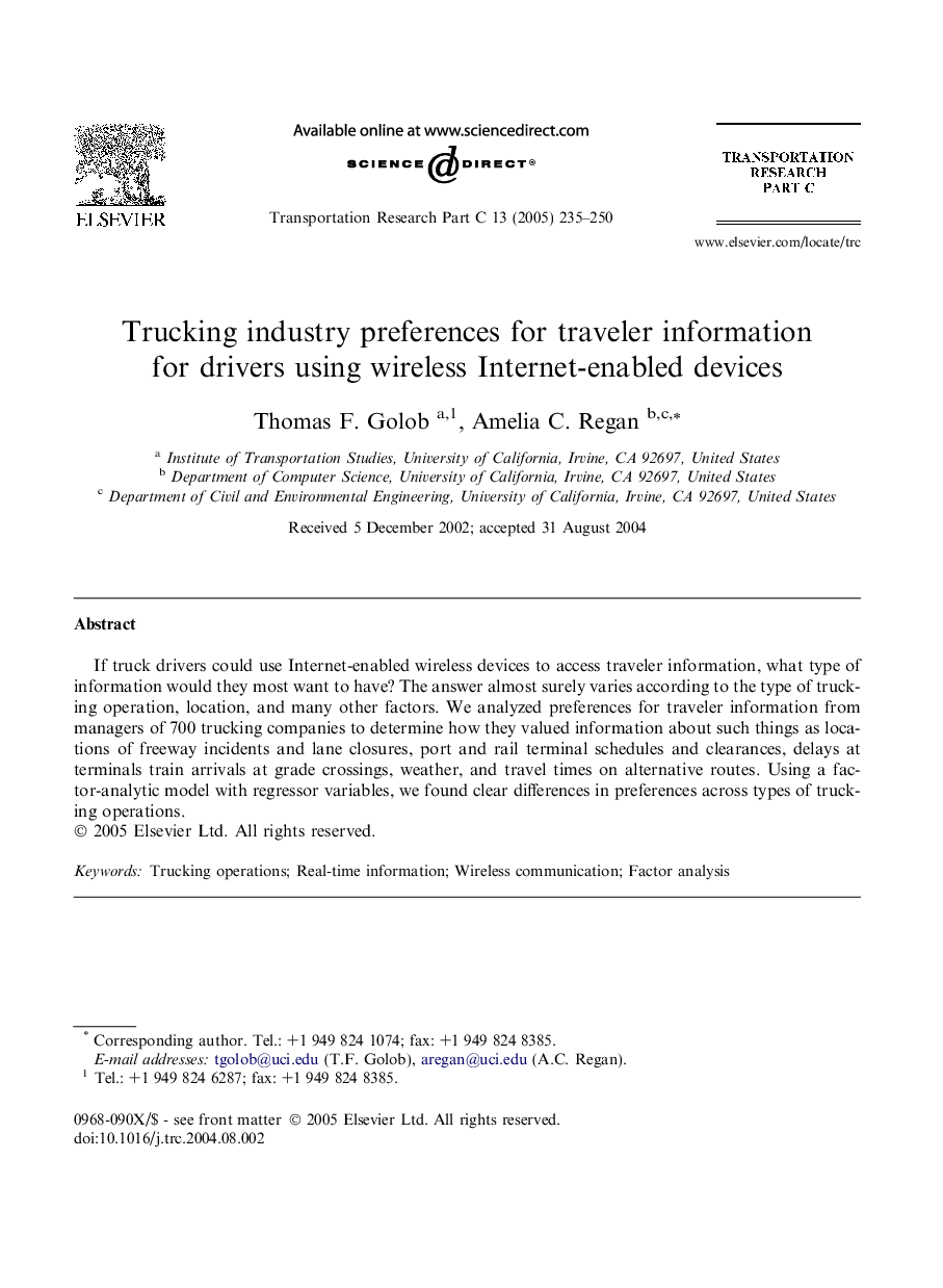 Trucking industry preferences for traveler information for drivers using wireless Internet-enabled devices