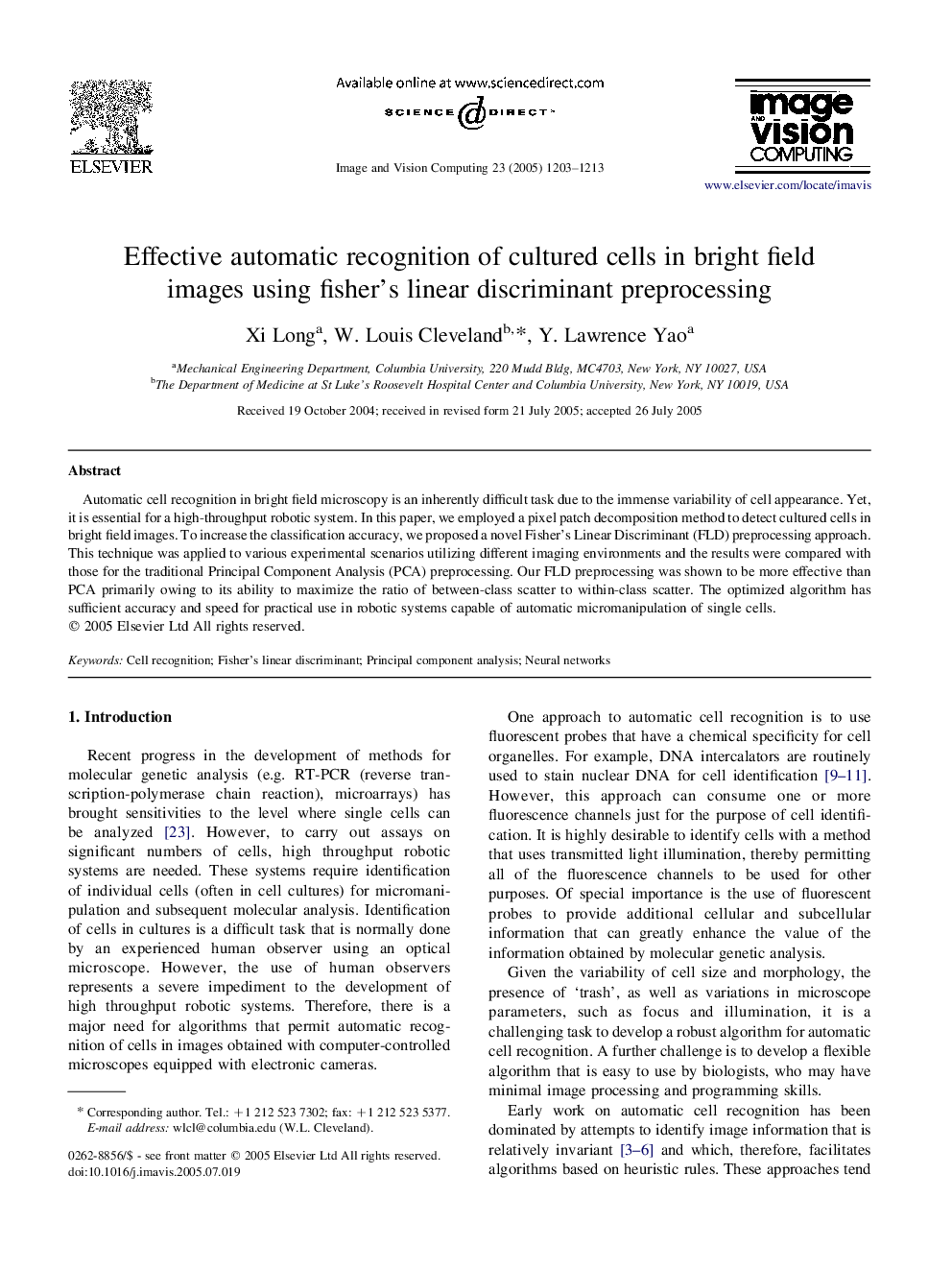 Effective automatic recognition of cultured cells in bright field images using fisher's linear discriminant preprocessing