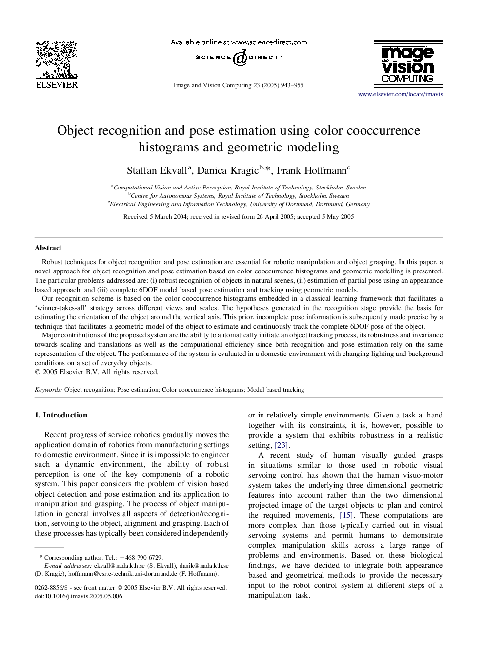 Object recognition and pose estimation using color cooccurrence histograms and geometric modeling