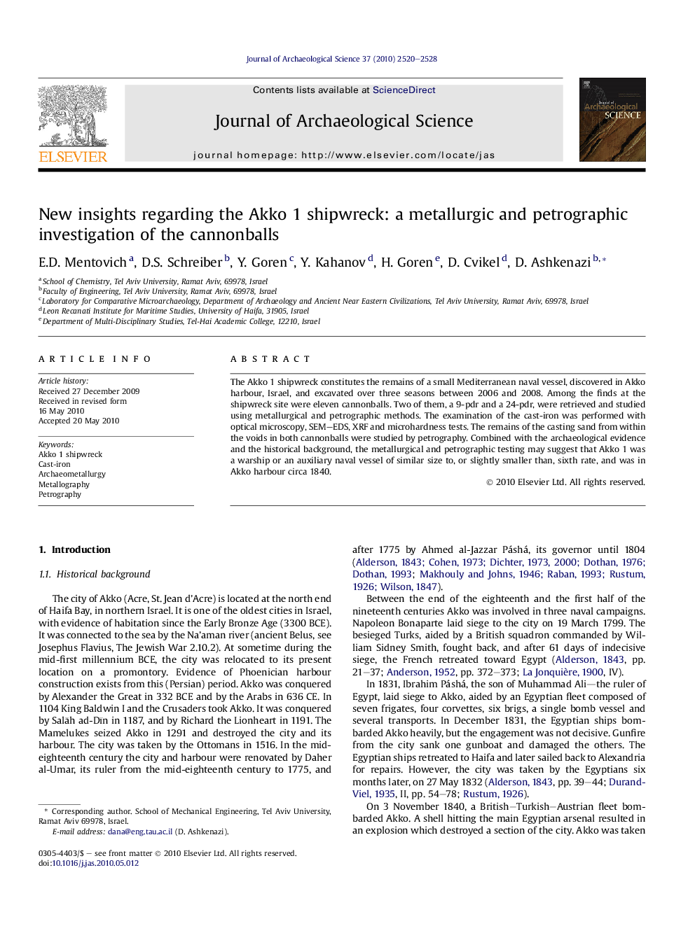 New insights regarding the Akko 1 shipwreck: a metallurgic and petrographic investigation of the cannonballs