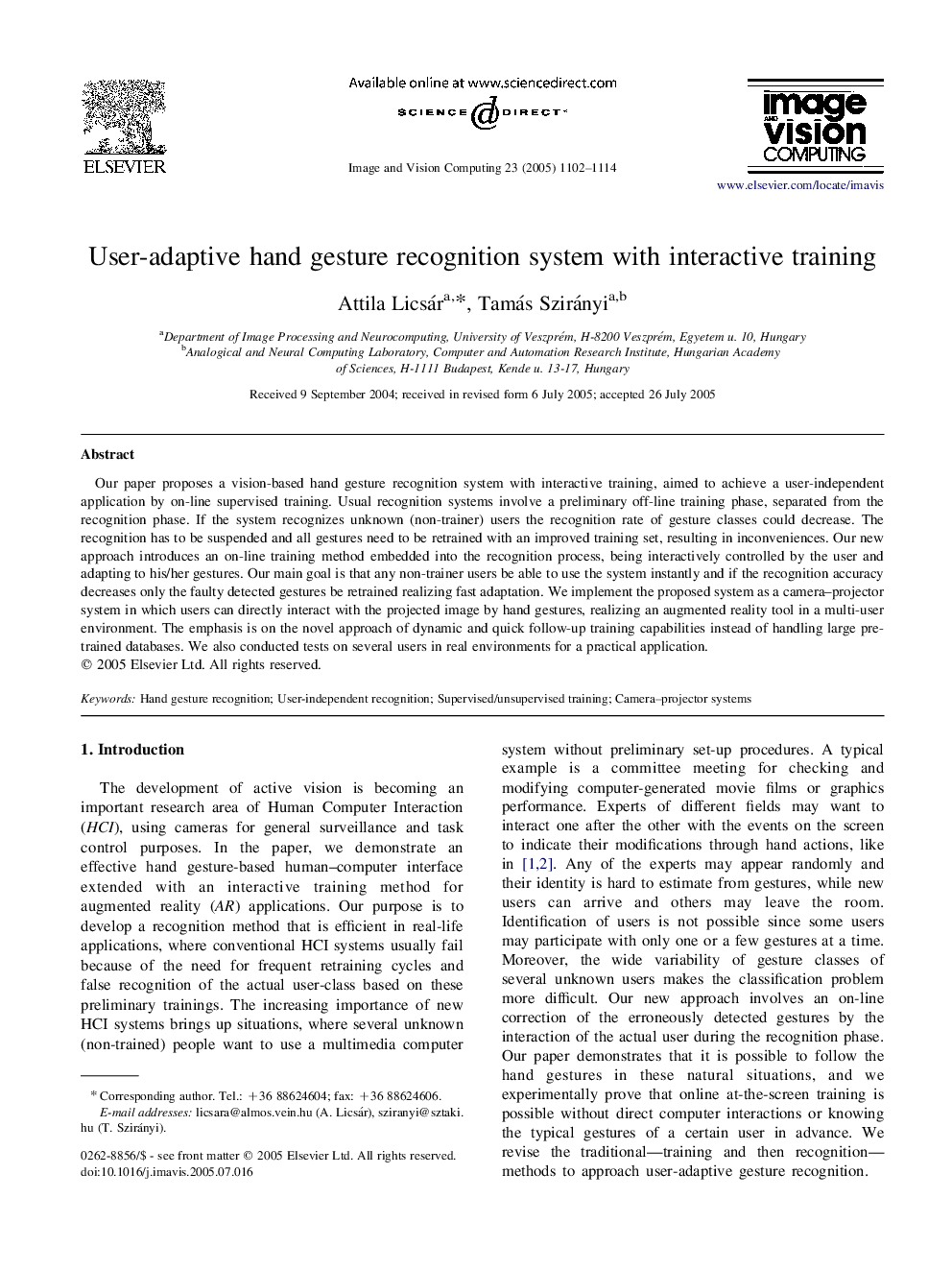 User-adaptive hand gesture recognition system with interactive training