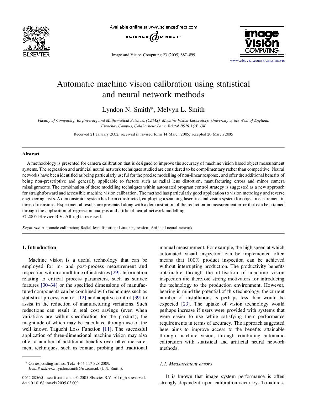 Automatic machine vision calibration using statistical and neural network methods