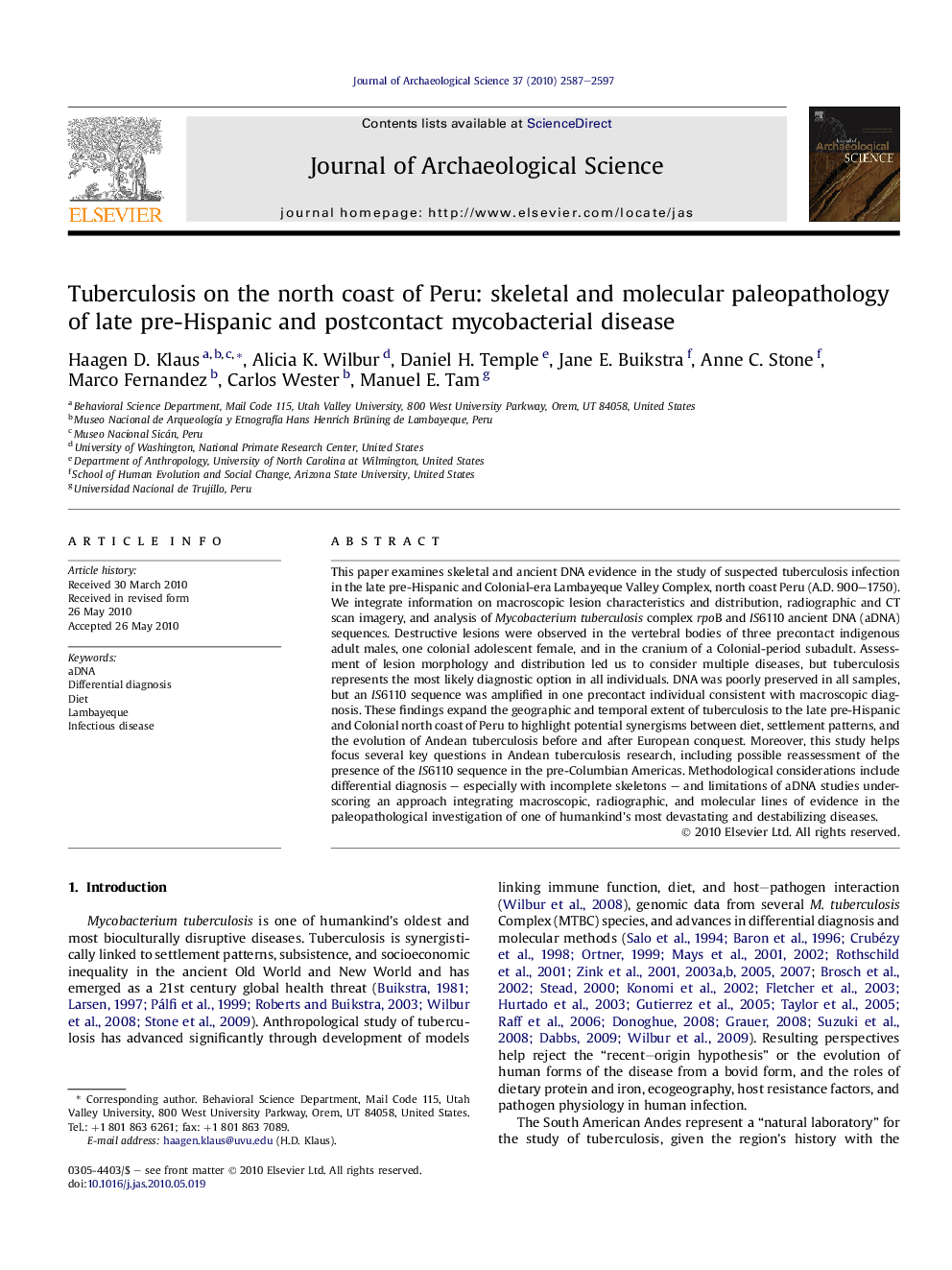 Tuberculosis on the north coast of Peru: skeletal and molecular paleopathology of late pre-Hispanic and postcontact mycobacterial disease