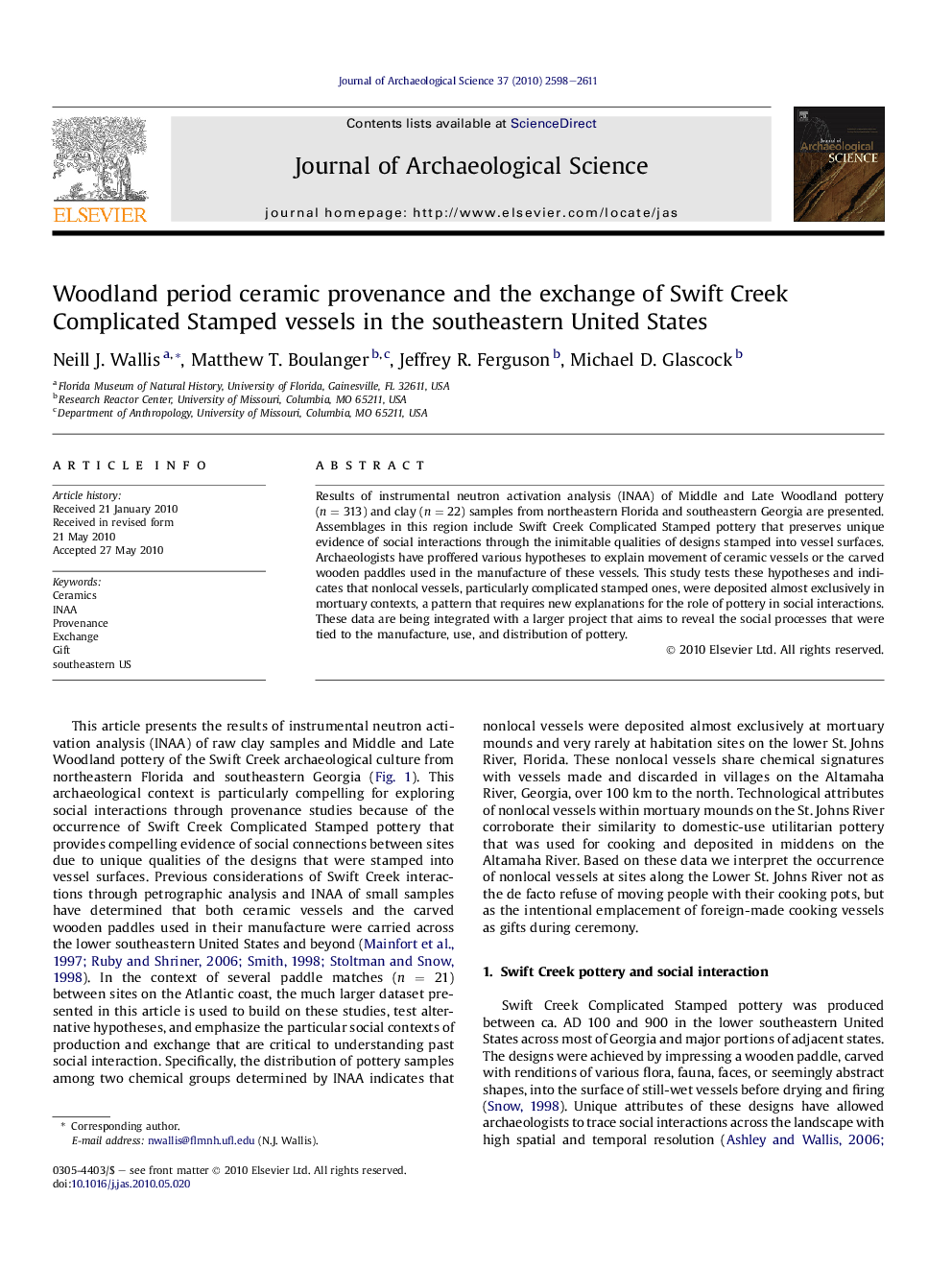 Woodland period ceramic provenance and the exchange of Swift Creek Complicated Stamped vessels in the southeastern United States